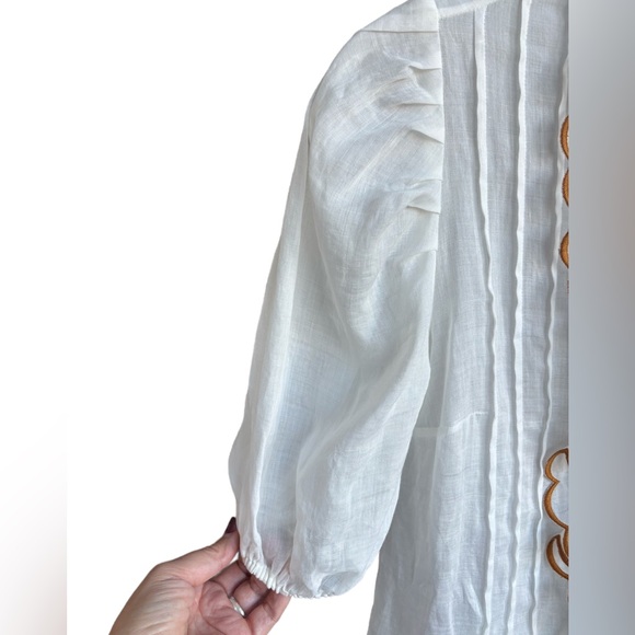 Zimmermann White Blouse Ruffle and Brown Embroidered Trim, Size 0 XS - Picture 4 of 11